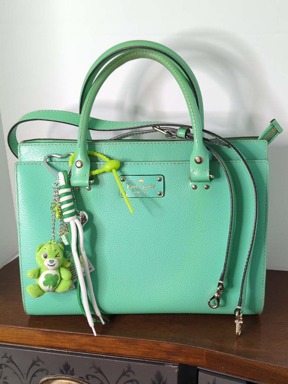 Kate Spade Wellesley Durham Leather 2 tone Green Satchel Shoulder Bag